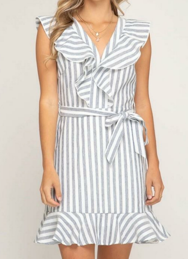 Grey & White Ruffled Striped Woven Dress